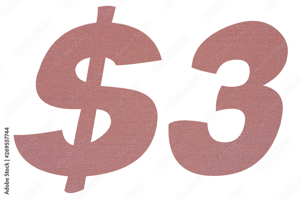 3 Dollar with terracotta colored fabric texture on white background 3 Dollar with terracotta colored fabric texture on white background