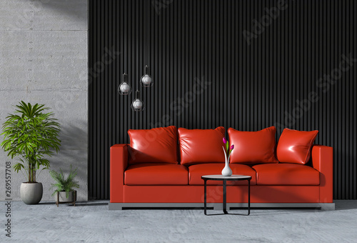 interior living room wall concrete with sofa, plant, lamp, 3D render