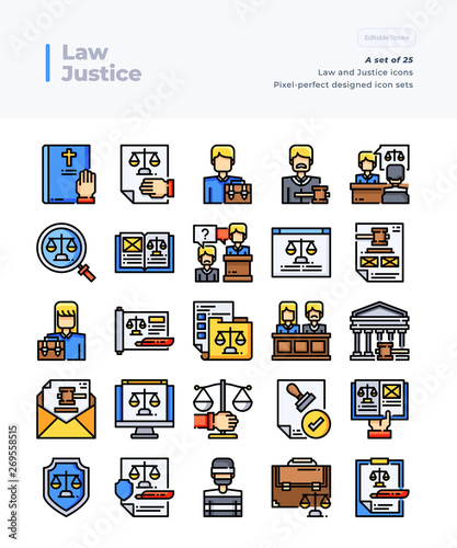 Detailed Vector Line Icons Set of Law and Justice .64x64 Pixel Perfect and Editable Stroke.