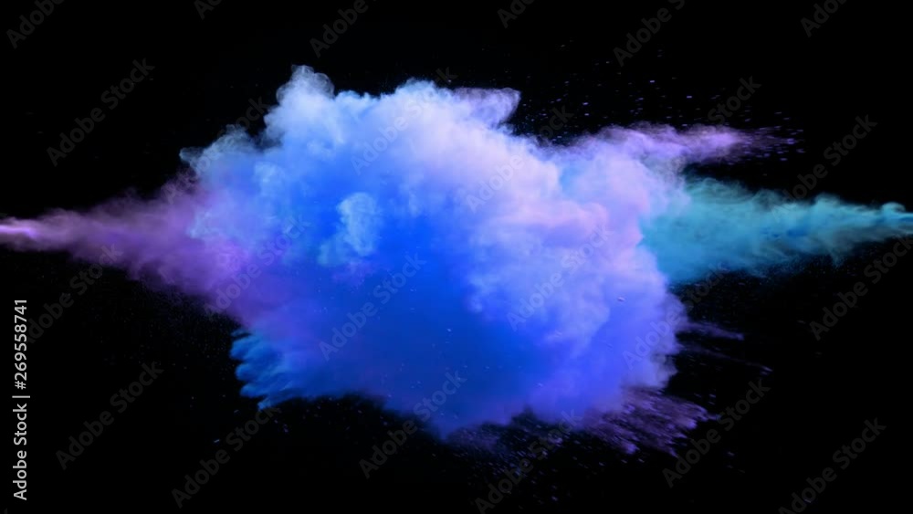Super slow motion of coloured powder collision isolated on black background. Filmed on high speed cinema camera, 1000fps.