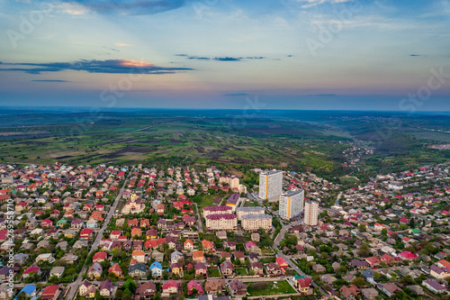 Aerial drone flight over a suburban community