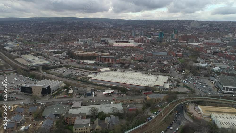 Aerial Drone of Sheffield city - view of Bramall lane FC Aerial Drone of Sheffield city - view of Bramall lane FC