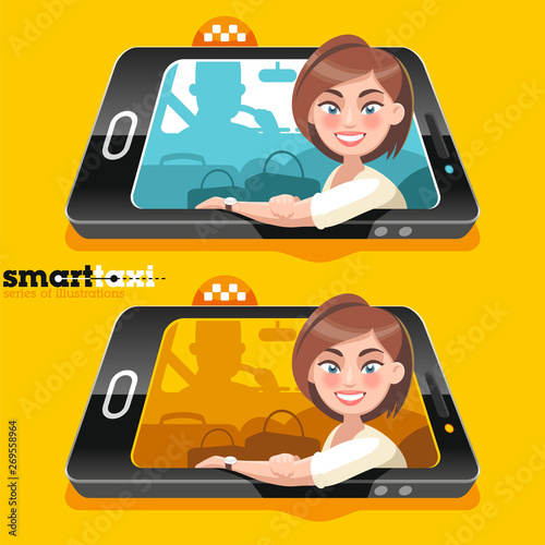 The white girl the passenger with a short hairstyle turns around back, sitting on back seat of the car. The illustration of a situation is entered in the smartphone screen