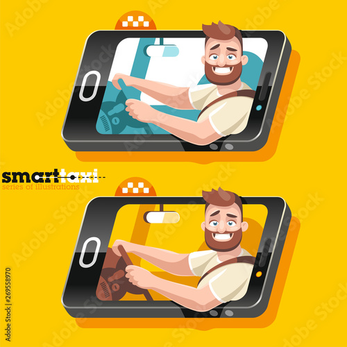 The driver of the car goes in the smartphone and smiles from window, holding two hands wheel