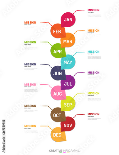 Time line for 1 year, 12 months, Timeline infographics design vector 12 steps and Presentation business can be used for Business concept with 12 options, steps or processes. 