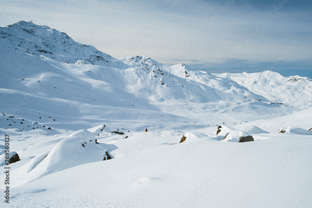 Panoramic view across snow covered alpine mountain range