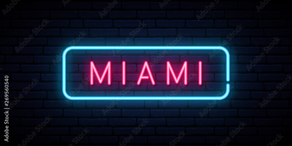 Obraz premium Neonowy znak Miami. Jasny szyld świetlny. Transparent wektor.