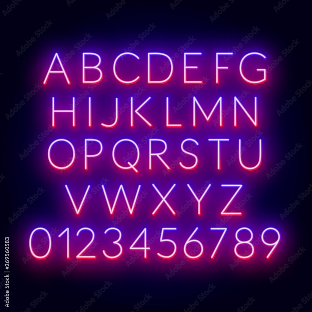 Neon red blue gradient font. Set of letters and numbers on black background. Neon red blue gradient font. Set of letters and numbers on black background.