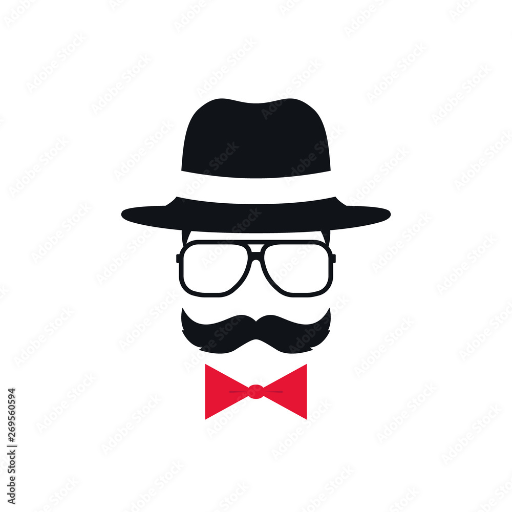 Hipster in hat, glasses and red bow tie. Portrait of man with mustache. Vector illustration.