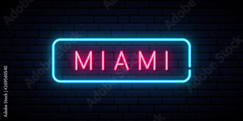 Miami neon sign. Bright light signboard. Vector banner.