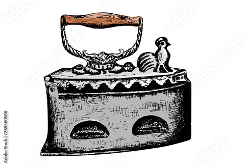 Hand drawn old-time retro iron. Vintage clothes iron concept. Vector illustration
