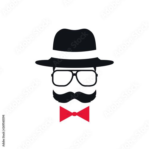 Hipster in hat, glasses and red bow tie. Portrait of man with mustache. Vector illustration.