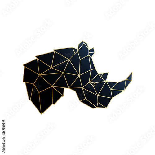 Vector geometric rhino illustration. Golden Polygonal rhino emblem isolated on white background.
