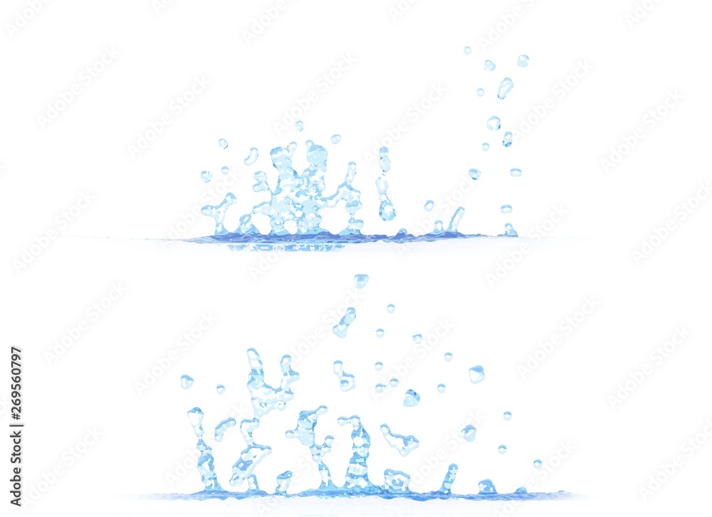 3D illustration of two side views of pretty water splash - mockup isolated on white, for design purposes 3D illustration of two side views of pretty water splash - mockup isolated on white, for design purposes