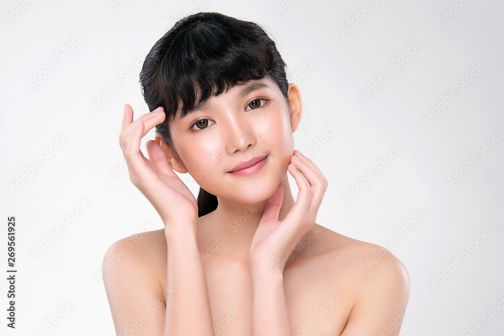 Beautiful Young Woman with Clean Fresh Skin touch own face . Facial treatment, Beautiful Young Woman with Clean Fresh Skin touch own face . Facial treatment,