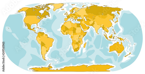 World map hand drawn illustration. Cartoon style. Yellow color