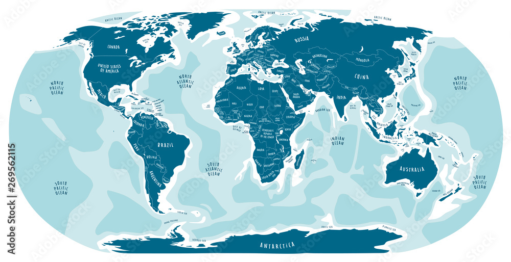 World map hand drawn illustration with English labels. Cartoon style ...