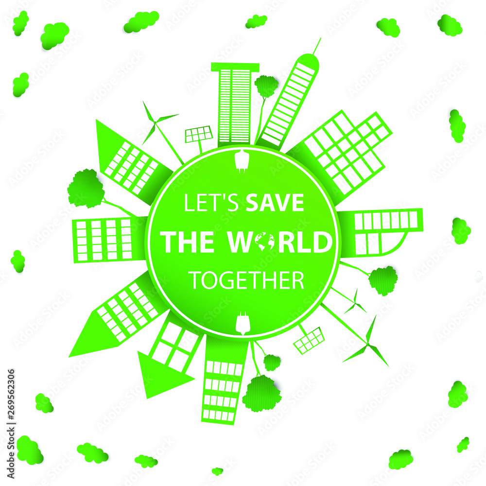 World environment day - Building paper art surround earth concept sustainable development and nature conservation design for banner, greeting card, t-shirt, print, poster. Vector illustration World environment day - Building paper art surround earth concept sustainable development and nature conservation design for banner, greeting card, t-shirt, print, poster. Vector illustration