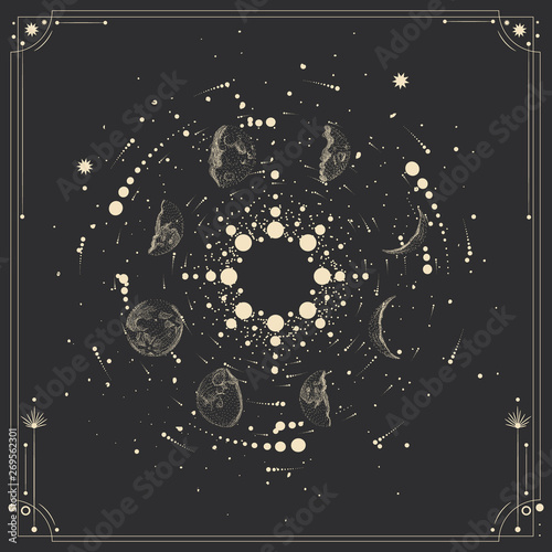 Vector illustration set of moon phases. Different stages of moonlight activity in vintage engraving style. Zodiac Signs