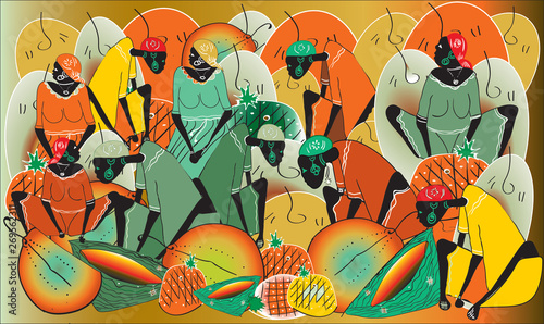 Schilderij op canvas Ethnic vintage colorful background with African black people with jugs and fruits