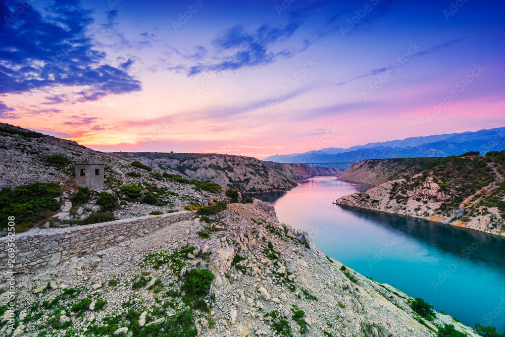 Colorful Dramatic Sunset Over the River And Mountains In Dalmatia, Croatia