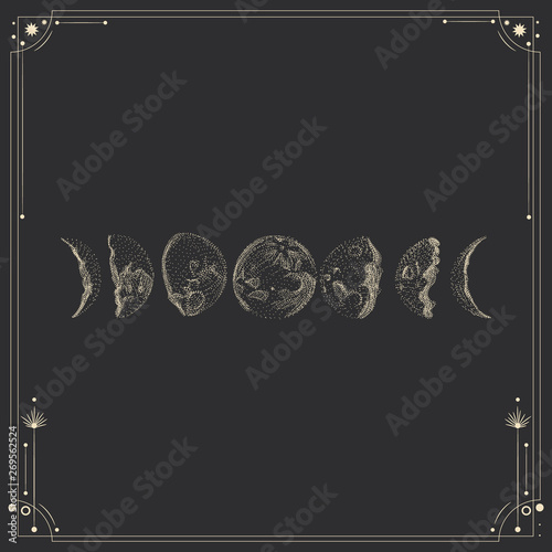 Vector illustration set of moon phases. Different stages of moonlight activity in vintage engraving style. Zodiac Signs