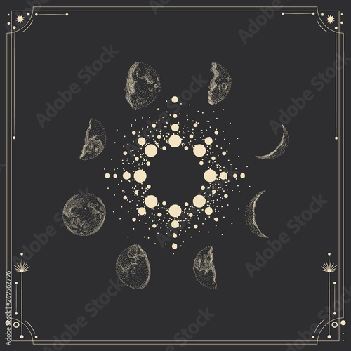 Vector illustration set of moon phases. Different stages of moonlight activity in vintage engraving style. Zodiac Signs