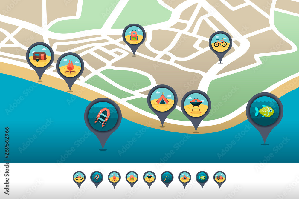 Obraz premium Summer camping pin map icon located on the map