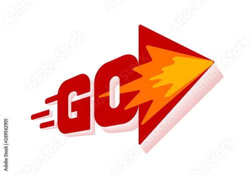Word Go with arrow. Red vector lettering on white background