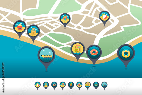 Beach entertainment pin map icon located on map