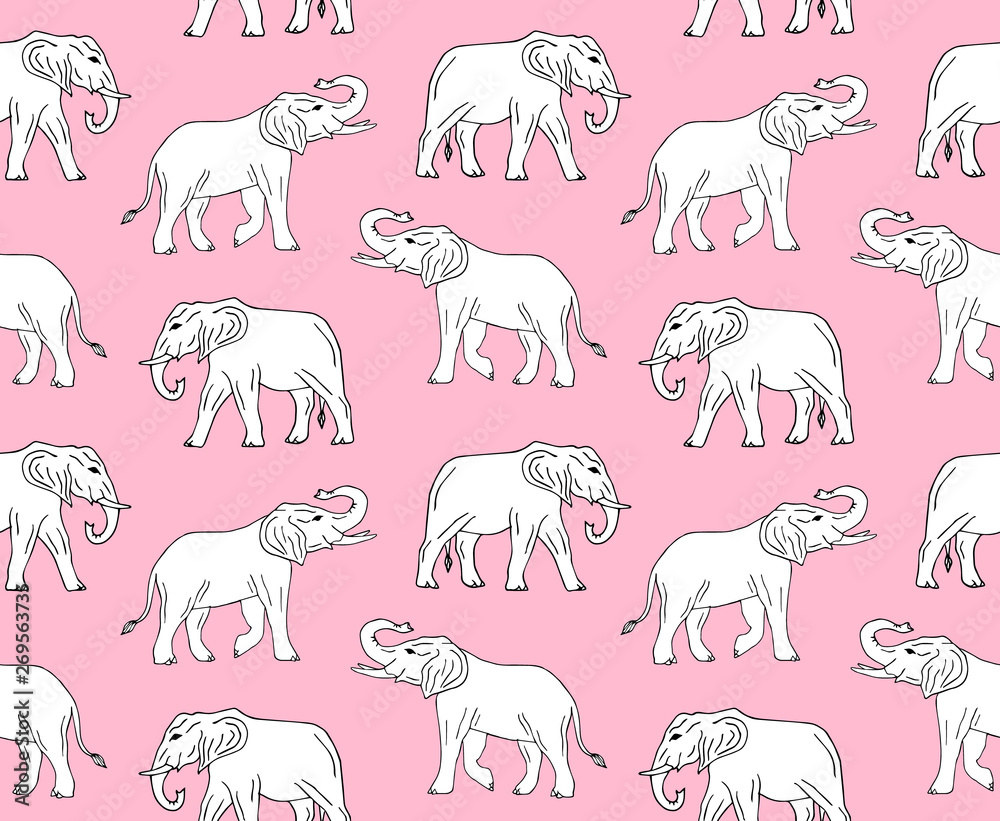 Vector seamless pattern of white hand drawn doodle sketch elephant isolated on pastel pink background