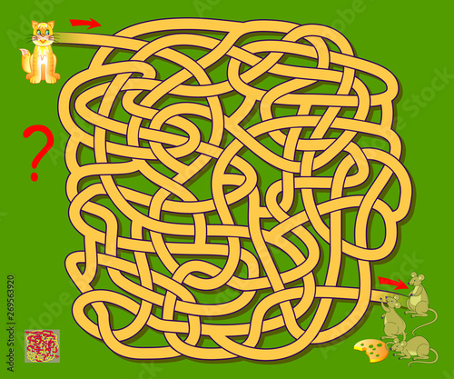 Logic puzzle game with labyrinth for children. Help the cat find the way till the mice. Printable worksheet for brainteaser book. Vector cartoon image.