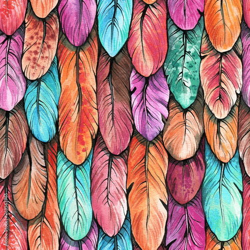 Bird feathers seamless pattern. Hand drawing watercolor. Design wallpaper, fabrics, packaging.