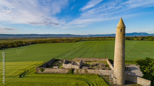 Canvastavla Historic Rattoo round tower and surrounding farmland in rural county kerry Irela