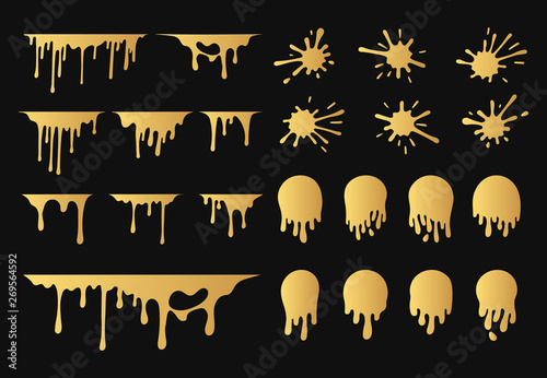 Big set of hand drawn golden paint splatter leaks. Gold Ink drip stamps. Liquid graffiti drops. Vector isolated illustration.