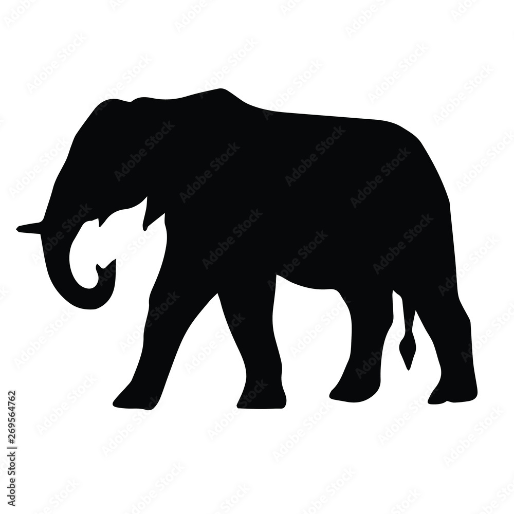 Vector flat black silhouette of African elephant standing isolated on white background 