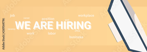 We are hiring and work searches. Banner with computer.