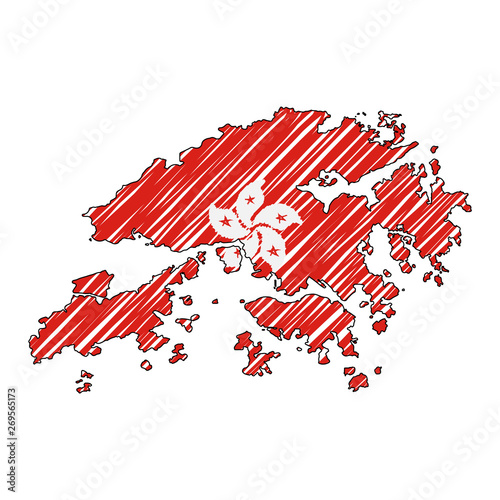 Fototapeta Naklejka Na Ścianę i Meble -  Hong Kong map hand drawn sketch. Vector concept illustration flag, childrens drawing, scribble map. Country map for infographic, brochures and presentations isolated on white background. Vector