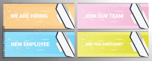 We are hiring and work searches. Banner with computer.