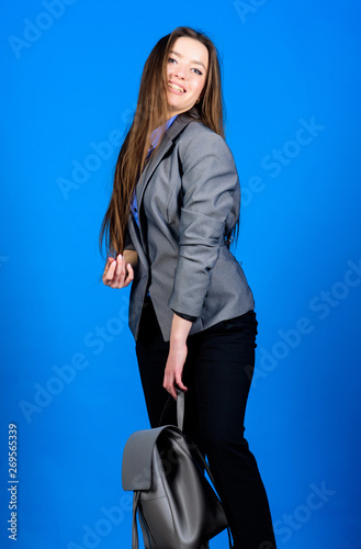 student life. Smart beauty. Nerd. business. Shool girl with knapsack. female bag fashion. stylish woman in jacket with leather backpack. girl student in formal clothes. strendy student with backpack