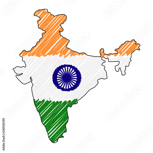 India map hand drawn sketch. Vector concept illustration flag, childrens drawing, scribble map. Country map for infographic, brochures and presentations isolated on white background. Vector