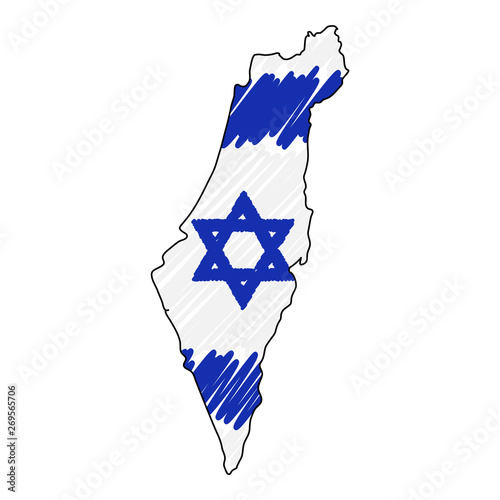 Israel map hand drawn sketch. Vector concept illustration flag, childrens drawing, scribble map. Country map for infographic, brochures and presentations isolated on white background. Vector