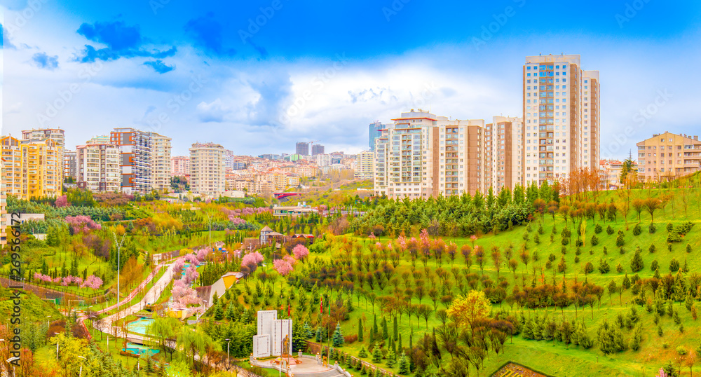 Obraz premium Dikmen Vadisi (Valley) is a popular neighborhood in Cankaya region with Turkmenistan Park