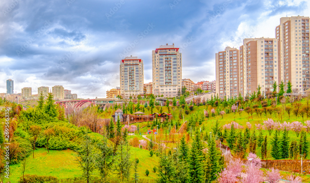 Obraz premium Dikmen Vadisi (Valley) is a popular neighborhood in Cankaya region with Turkmenistan Park