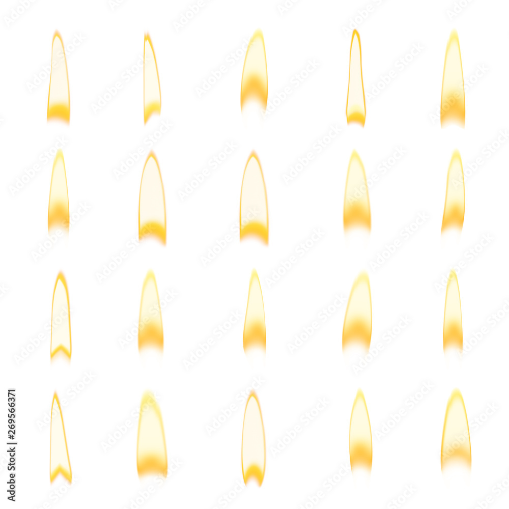 Set of different bright candle flames on white background