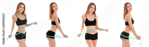 Collage of slim young woman measuring her body with tape on white background © New Africa