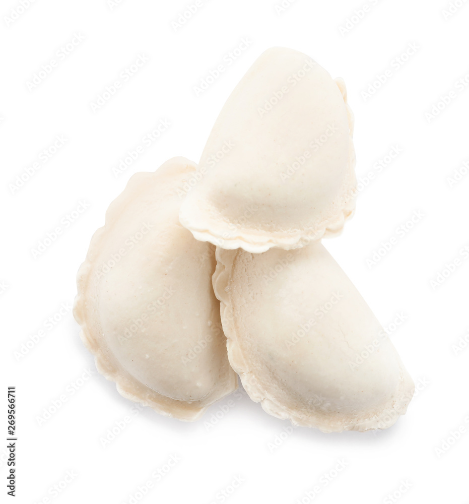 Tasty raw dumplings on white background, top view Tasty raw dumplings on white background, top view