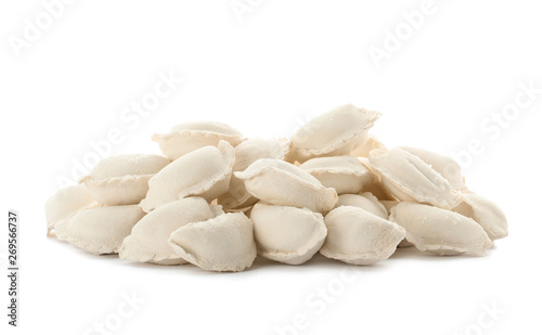 Heap of raw dumplings on white background