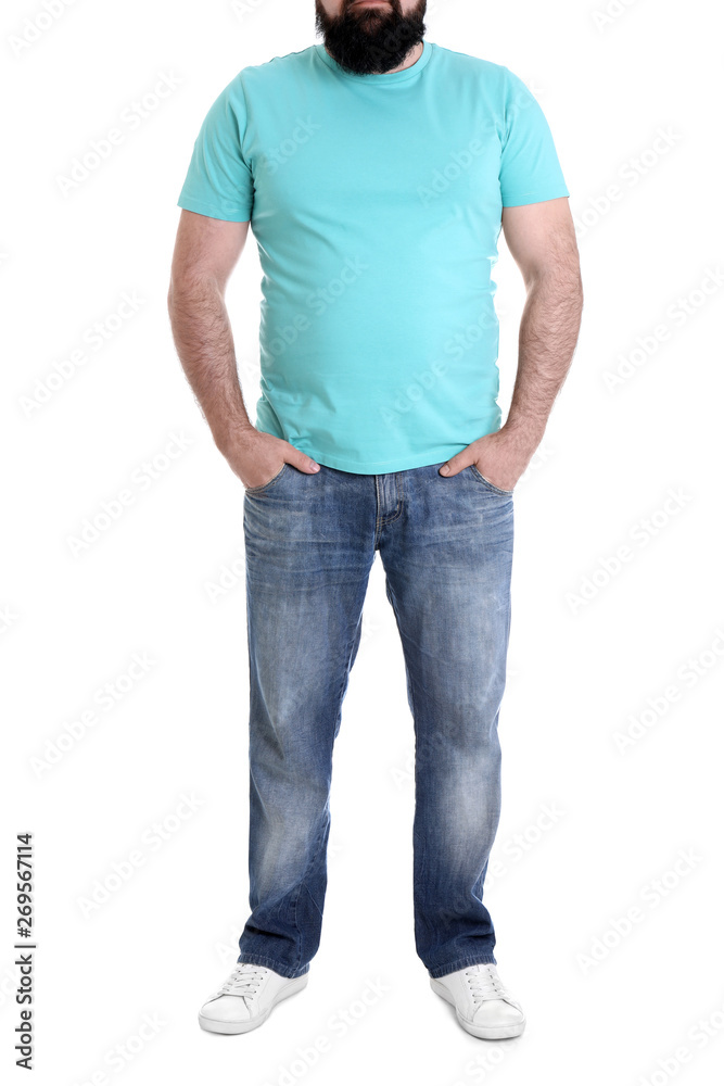 Overweight man isolated on white, closeup. Weight loss Overweight man isolated on white, closeup. Weight loss
