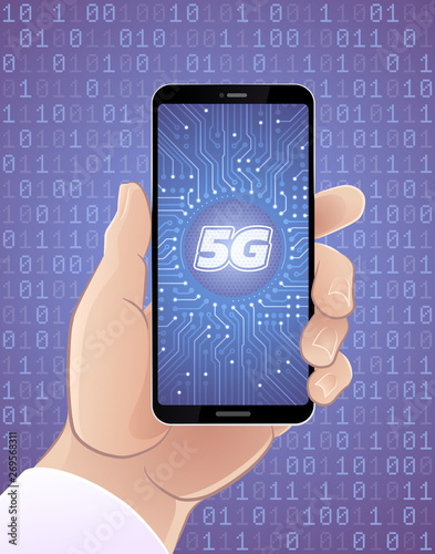 5G Mobile Network. Male human hand which is holding a smartphone showing 5G symbol on a screen and all of that is on background of binary code. Illustration on the theme of Communication Technology.